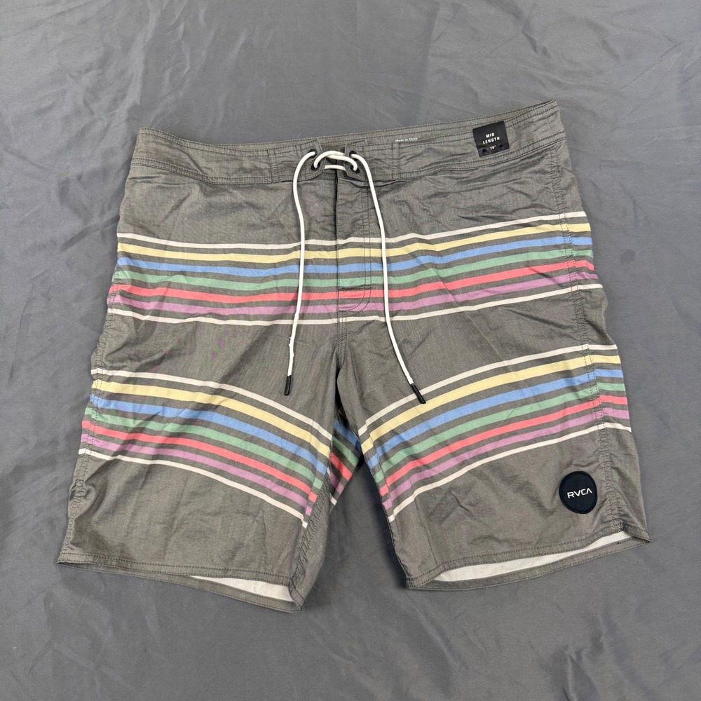 RVCA Mens Heritage Stretch Board Shorts Gray Striped Swim Trunks Size 36